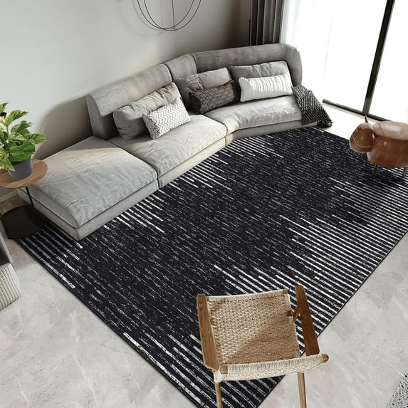 Large Area Rug Washable Living Room Rug Neutral Area Rugs for Bedroom Dining Room Modern Striped Carpet Non Slip Stain Resistant Farmhouse Floor Cover 10x13 Black Rugs