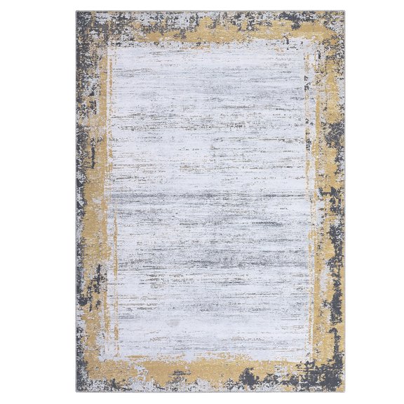 Large Area Rug for Living Room, Machine Washable Neutral Solid Carpet, Modern Geometric Bordered Rug with Anti-Slip Backing, Easy-Care Washable Rug