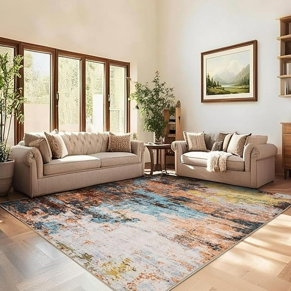 Large Area Rugs 10x13 Abstract Neutral Living Room Carpet, Non-Shedding Contemporary Floor Mat, Foldable Thin Rug, Machine Washable Indoor Carpet for Bedroom, Yellow