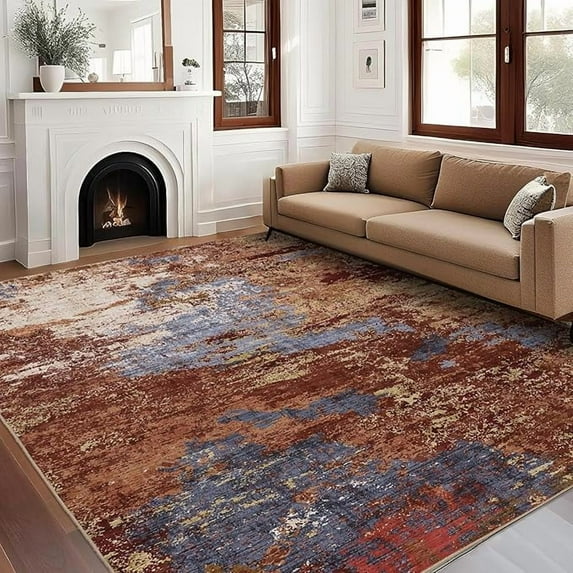 Large Area Rugs 10x13 Abstract Neutral Living Room Carpet, Non-Shedding Contemporary Floor Mat, Foldable Thin Rug, Machine Washable Indoor Carpet for Bedroom, Red