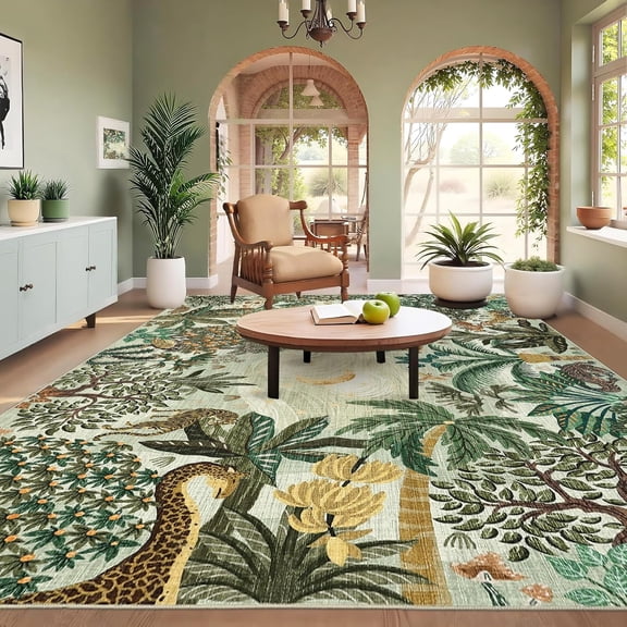 Large Area Rugs 10x13 for Living Room, Jungle Animal Washable Rug Soft Non Slip Backing Floor Mat Carpet Indoor Thin Green Accent Rug for Bedroom Dining Room Playroom Nursery Home Decor