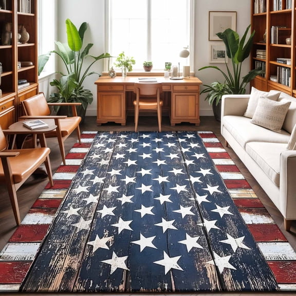 Large Area Rugs 5'x8', 4th of July Star Vintage Carpet Runner Indoor Outdoor Rugs Home Decor Aesthetic, Retro Blue Star Red Striped Independence Day Non Slip Mats Accent Rug for Living Room Bedroom