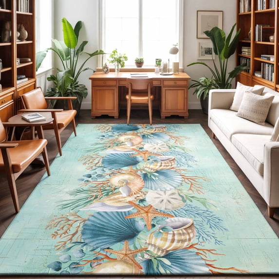 Large Area Rugs 5'x8', Beach Coastal Teal Carpet Runner Indoor Outdoor Rugs Home Decor Aesthetic, Nautical Shell Starfish Coral Summer Non Slip Mats Washable Accent Rug for Living Room Bedroom