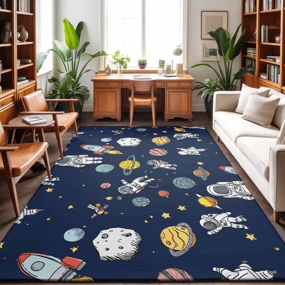 Large Area Rugs 5'x8', Blue Space Carpet Runner Indoor Outdoor Rugs Home Decor Aesthetic, Cartoon Cute Spaceship Planet Star Funny Non Slip Mats Washable Accent Rug for Living Room Bedroom