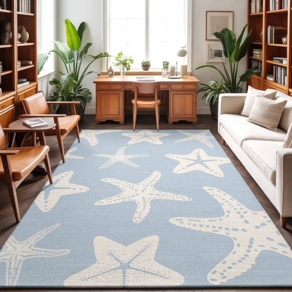 Large Area Rugs 5'x8', Blue Starfish Coastal Carpet Runner Indoor Outdoor Rugs Home Decor Aesthetic, Nautical Summer Ocean Abstract Art Non Slip Mats Washable Accent Rug for Living Room Bedroom