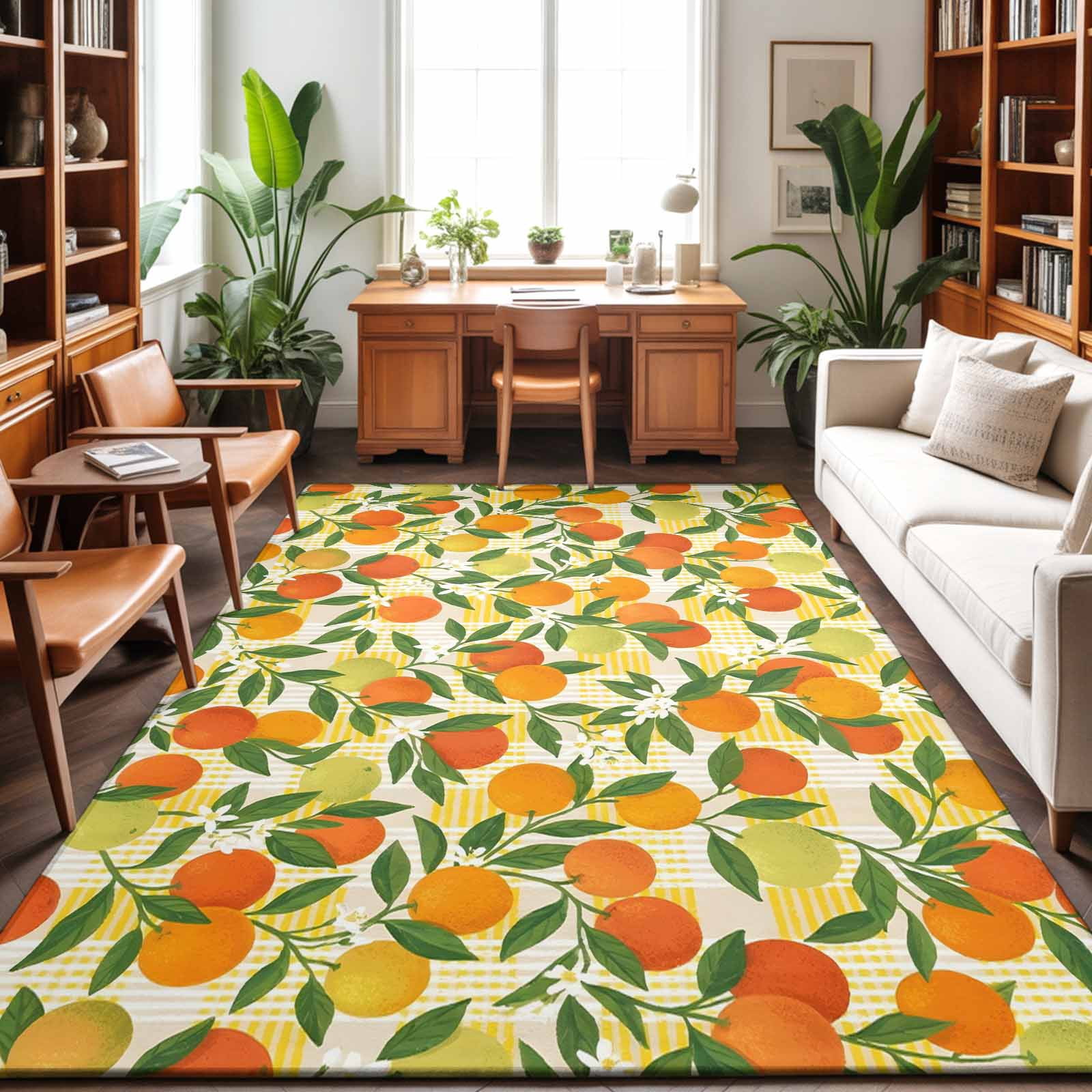 Large Area Rugs 5'x8', Green Orange Carpet Runner Indoor Outdoor Rugs Home Decor Aesthetic, Summer Botanical Leaves Watercolor Checkered Non Slip Mats Washable Accent Rug for Living Room Bedroom