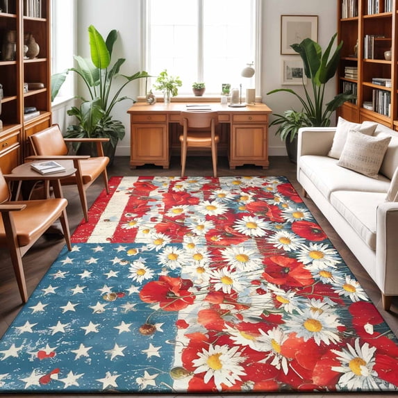 Large Area Rugs 5'x8', Indenpendence Day Carpet Runner Indoor Outdoor Rugs Home Decor Aesthetic, 4th of July Red Blue American Flag Non Slip Mats Washable Accent Rug for Living Room Bedroom