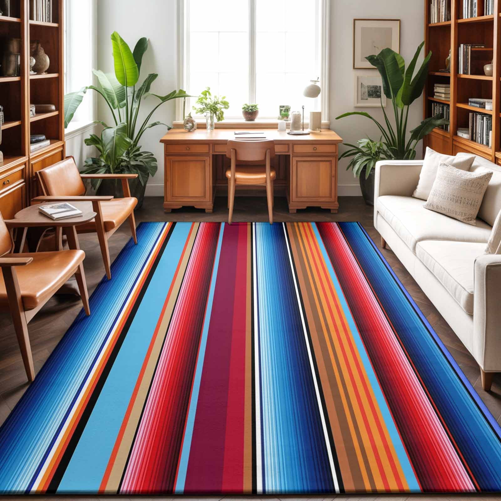 Large Area Rugs 5'x8', Mexican Style Carpet Runner Indoor Outdoor Rugs Home Decor Aesthetic, Colorful Mexico Stripes Ombre Red Blue Non Slip Mats Washable Accent Rug for Living Room Bedroom