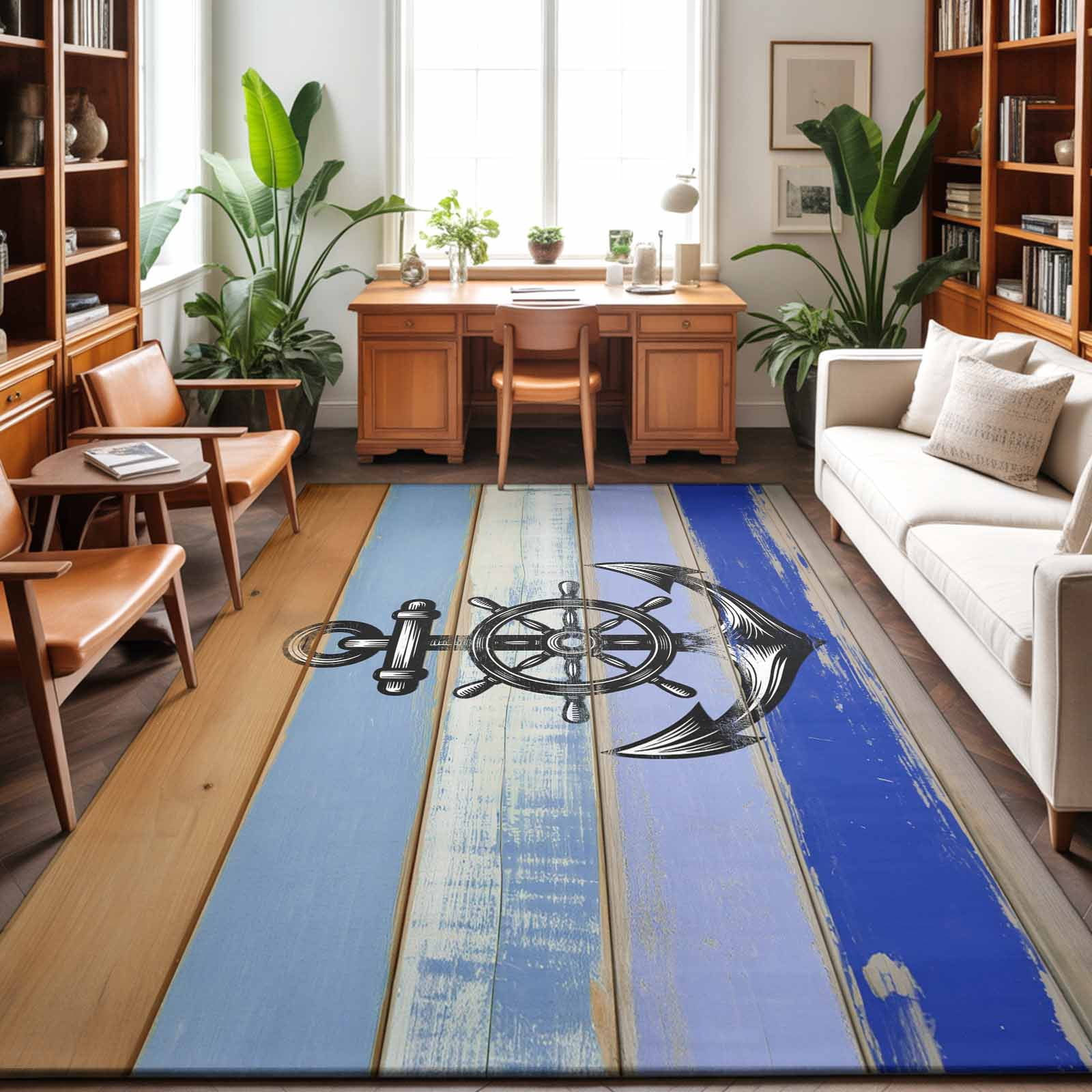 Large Area Rugs 5'x8', Nautical Anchor Carpet Runner Indoor Outdoor Rugs Home Decor Aesthetic, Vintage Navy Blue Wooden Boards Country Non Slip Mats Washable Accent Rug for Living Room Bedroom