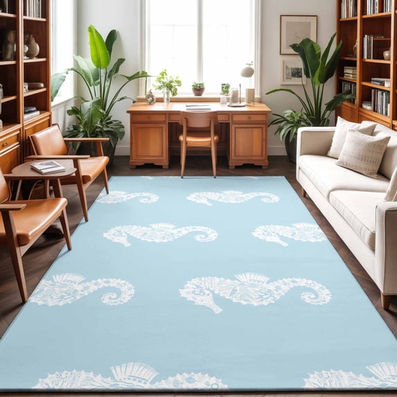 Large Area Rugs 5'x8', Ocean Seahorse Carpet Runner Indoor Outdoor Rugs Home Decor Aesthetic, Summer Nautical Coastal Textured Sky Blue Non Slip Mats Washable Accent Rug for Living Room Bedroom