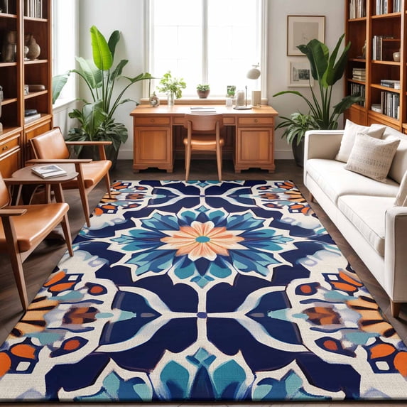 Large Area Rugs 5'x8', Orange Blue Carpet Runner Indoor Outdoor Rugs Home Decor Aesthetic, Morocco Boho Abstract Floral Ethnic Tribal Non Slip Mats Washable Accent Rug for Living Room Bedroom