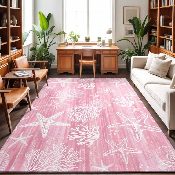 Large Area Rugs 5'x8', Pink Coastal Carpet Runner Indoor Outdoor Rugs Home Decor Aesthetic, Summer Ocean Sea Waves Starfish Corals Non Slip Mats Washable Accent Rug for Living Room Bedroom