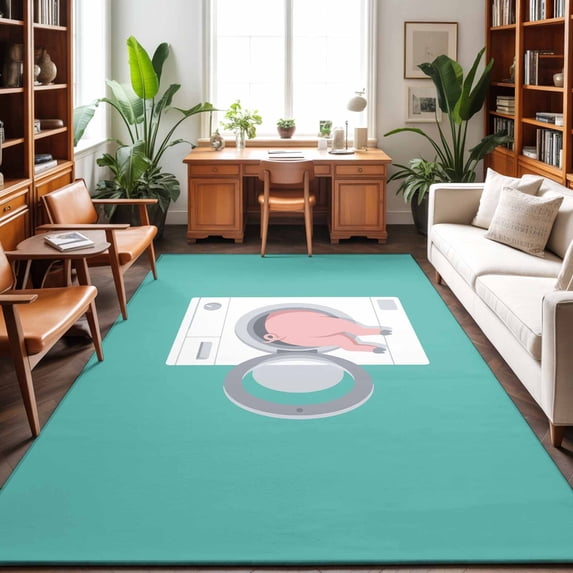 Large Area Rugs 5'x8', Pink Pig Carpet Runner Indoor Outdoor Rugs Home Decor Aesthetic, Teal Laundry Room Washing Machine Non Slip Mats Washable Accent Rug for Living Room Bedroom