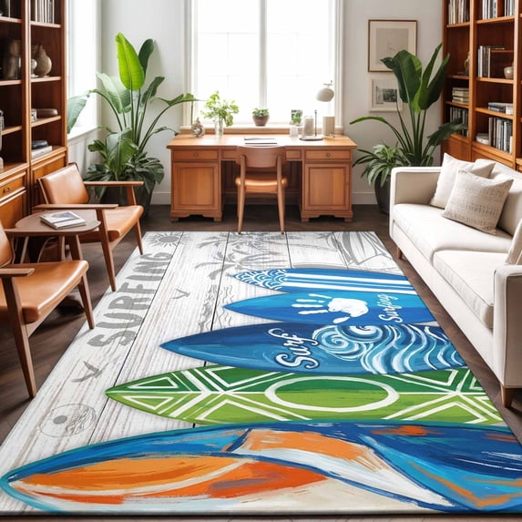 Large Area Rugs 5'x8', Rustic Beach Carpet Runner Indoor Outdoor Rugs Home Decor Aesthetic, Tropical Surfboard Palm Tree Wooden Grain Non Slip Mats Washable Accent Rug for Living Room Bedroom