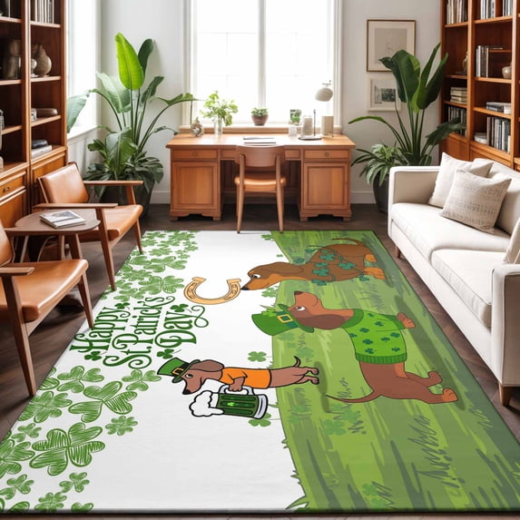 Large Area Rugs 5'x8', St. Patrick's Day Carpet Runner Indoor Outdoor Rugs Home Decor Aesthetic, Green Lucky Clovers Dog Non Slip Mats Washable Accent Rug for Living Room Bedroom