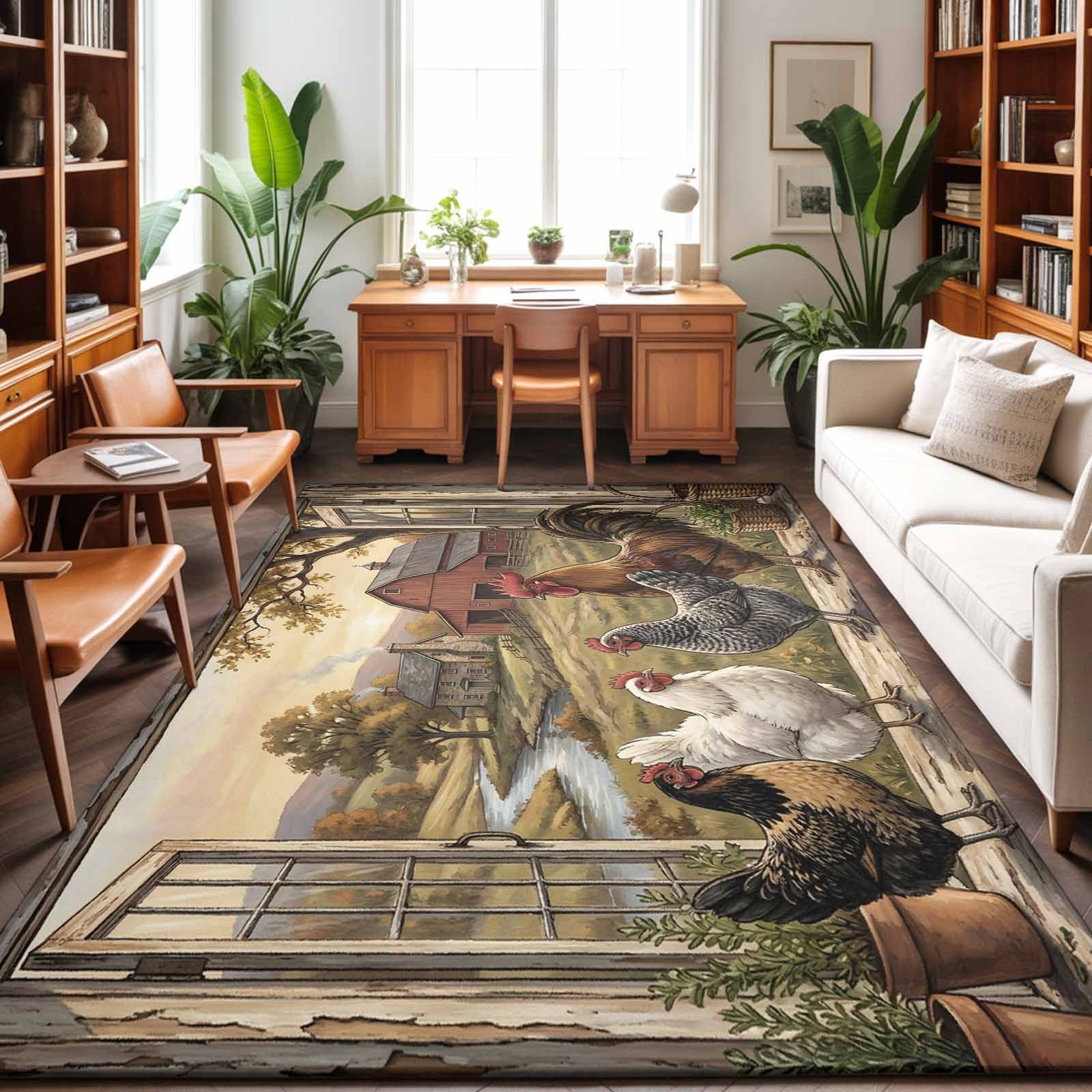 Large Area Rugs 5'x8', Vintage Rooster Carpet Runner Indoor Outdoor Rugs Home Decor Aesthetic, Barn Farmhouse Art Animals Tree Non Slip Mats Washable Accent Rug for Living Room Bedroom