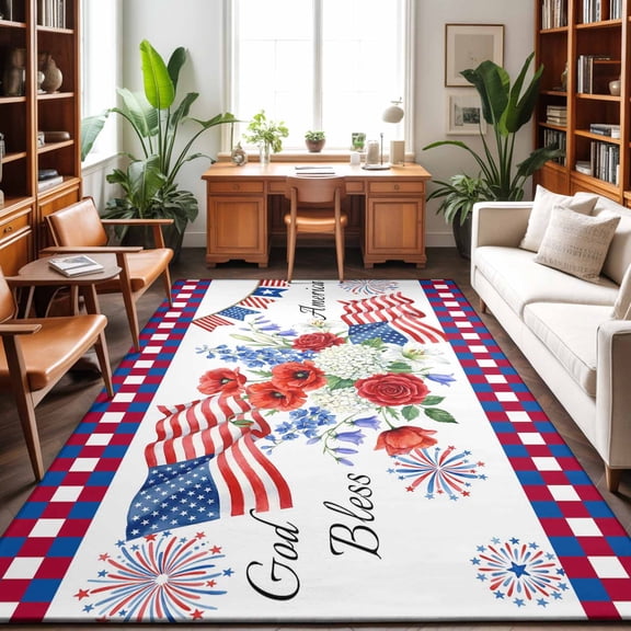Large Area Rugs 6'x9', 250th Anniversary Floral Carpet Runner Indoor Outdoor Rugs Home Decor Aesthetic, Red Blue Stars 4th of July Non Slip Mats Washable Accent Rug for Living Room Bedroom