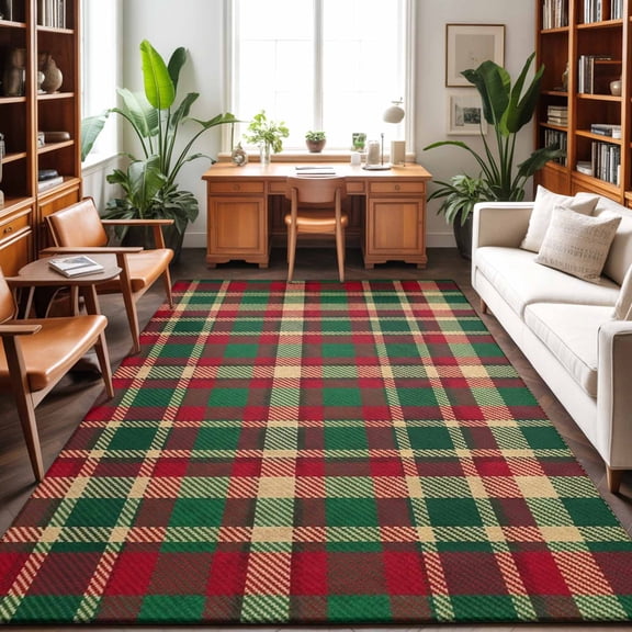 Large Area Rugs 6'x9', Autumn Plaid Carpet Runner Indoor Outdoor Rugs Home Decor Aesthetic, Red Green Tartan Gingham Farmhouse Checkered Non Slip Mats Washable Accent Rug for Living Room Bedroom