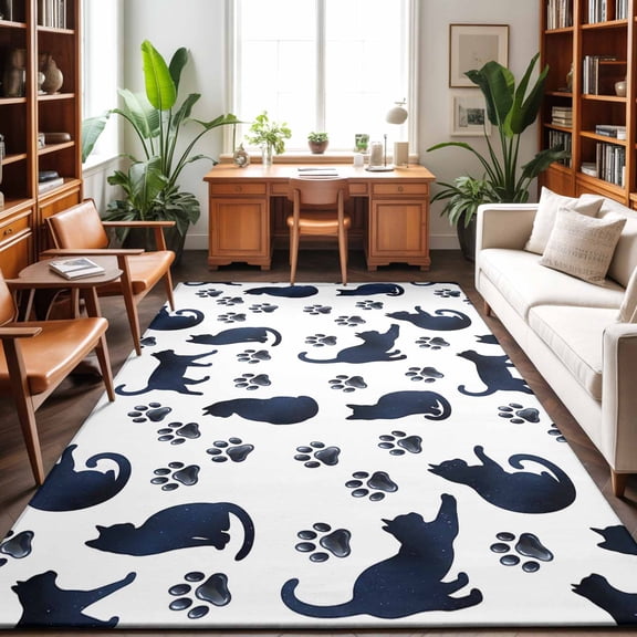 Large Area Rugs 6'x9', Black Navy Blue Cat Carpet Runner Indoor Outdoor Rugs Home Decor Aesthetic, Cat Paw Farmhouse Non Slip Mats Washable Accent Rug for Living Room Bedroom