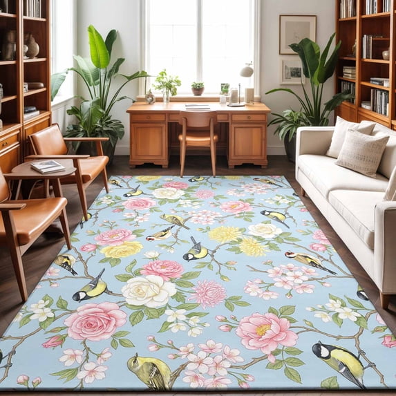 Large Area Rugs 6'x9', Blue Spring Floral Carpet Runner Indoor Outdoor Rugs Home Decor Aesthetic, Elegant Farmhouse Flowers Birds Watercolor Non Slip Mats Washable Accent Rug for Living Room Bedroom