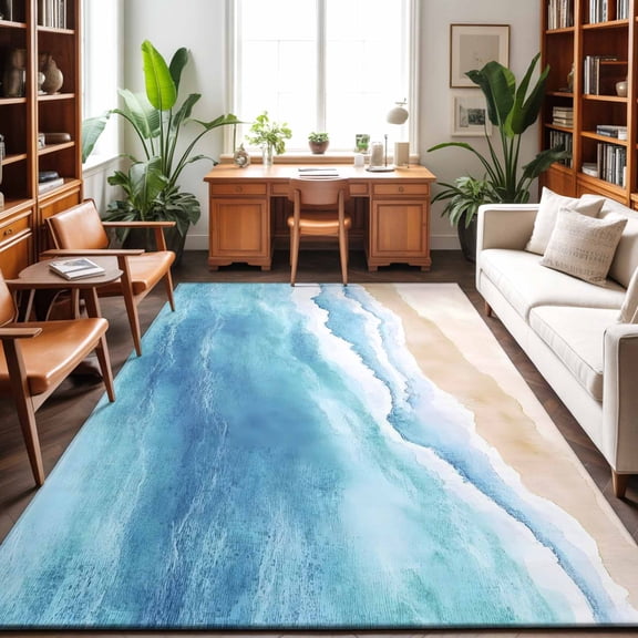 Large Area Rugs 6'x9', Blue Waves Carpet Runner Indoor Outdoor Rugs Home Decor Aesthetic, Gradient Beach Abstract Oil Painting Art Non Slip Mats Washable Accent Rug for Living Room Bedroom