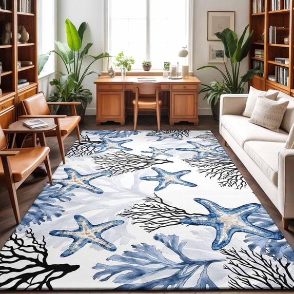 Large Area Rugs 6'x9', Coastal Blue Coral Carpet Runner Indoor Outdoor Rugs Home Decor Aesthetic, Summer Ocean Starfish Nautical Vintage Non Slip Mats Washable Accent Rug for Living Room Bedroom