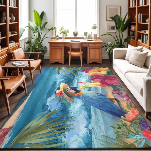 Large Area Rugs 6'x9', Coastal Tropical Carpet Runner Indoor Outdoor Rugs Home Decor Aesthetic, Summer Oil Painting Parrots Palm Leaves Non Slip Mats Washable Accent Rug for Living Room Bedroom