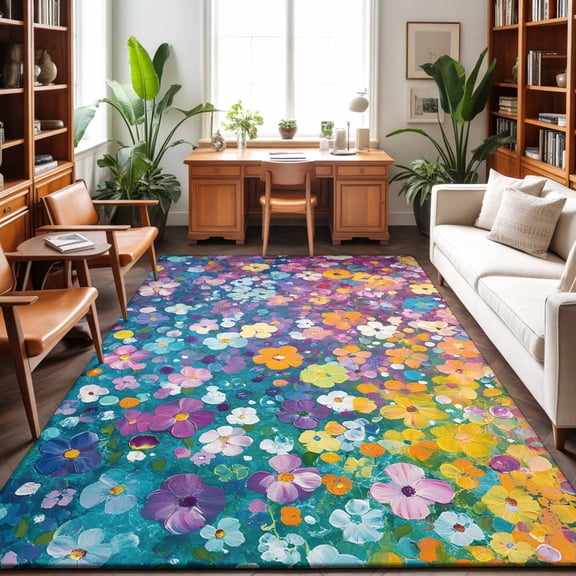 Large Area Rugs 6'x9', Colorful Spring Floral Carpet Runner Indoor Outdoor Rugs Home Decor Aesthetic, Modern Oil Painting Abstract Art Non Slip Mats Washable Accent Rug for Living Room Bedroom