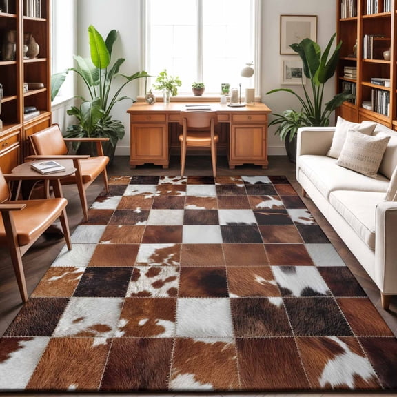Large Area Rugs 6'x9', Cow Fur Print Carpet Runner Indoor Outdoor Rugs Home Decor Aesthetic, Farmhouse Western Cowhide Plaid Brown Non Slip Mats Washable Accent Rug for Living Room Bedroom