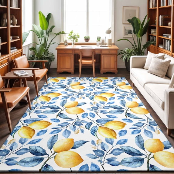 Large Area Rugs 6'x9', Lemon Leaf Carpet Runner Indoor Outdoor Rugs Home Decor Aesthetic, Yellow Fruit Blue Botanical Plant Summer Non Slip Mats Washable Accent Rug for Living Room Bedroom