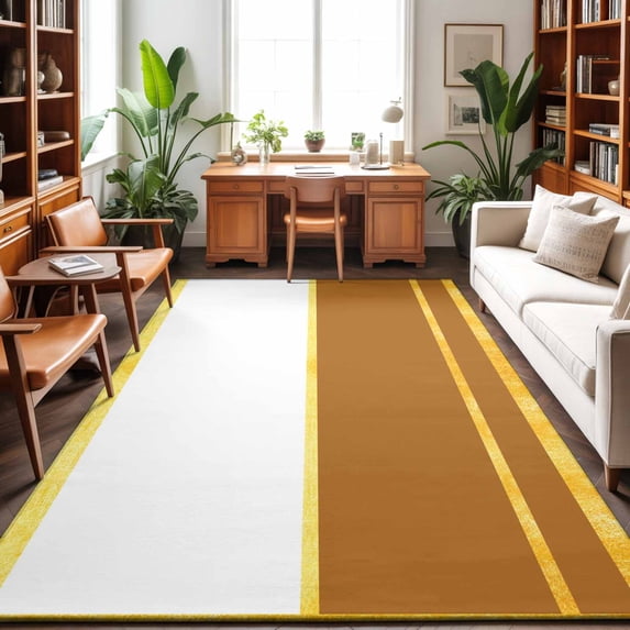 Large Area Rugs 6'x9', Modern Brown Gold Carpet Runner Indoor Outdoor Rugs Home Decor Aesthetic, Minimalist Geometric Yellow Striped Non Slip Mats Washable Accent Rug for Living Room Bedroom
