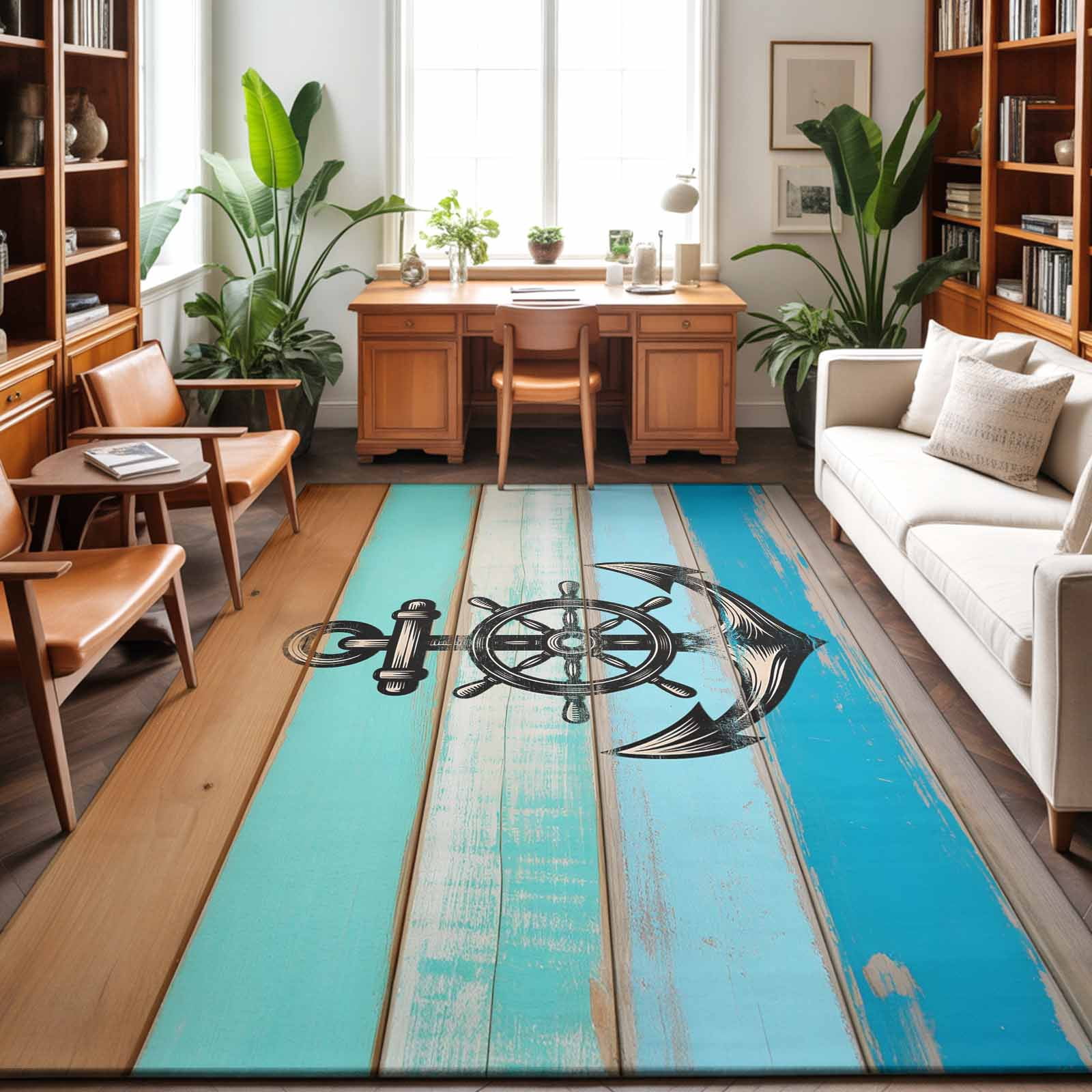 Large Area Rugs 6'x9', Nautical Anchor Carpet Runner Indoor Outdoor Rugs Home Decor Aesthetic, Retro Blue Brown Wooden Boards Farmhouse Non Slip Mats Washable Accent Rug for Living Room Bedroom