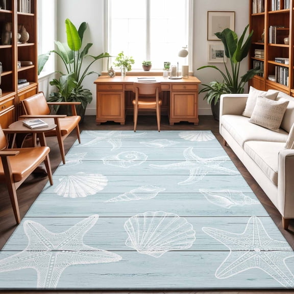 Large Area Rugs 6'x9', Ocean Beach Carpet Runner Indoor Outdoor Rugs Home Decor Aesthetic, Summer Coastal Starfish Shell Conch Wooden Green Non Slip Mats Washable Accent Rug for Living Room Bedroom