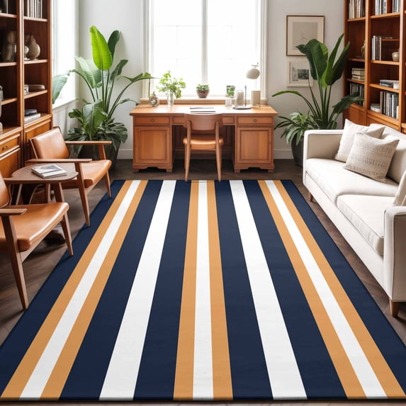 Large Area Rugs 6'x9', Orange Navy Blue Striped Carpet Runner Indoor Outdoor Rugs Home Decor Aesthetic, Minimalist Farmhouse Lines Non Slip Mats Washable Accent Rug for Living Room Bedroom