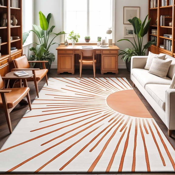 Large Area Rugs 6'x9', Orange Sunshine Carpet Runner Indoor Outdoor Rugs Home Decor Aesthetic, Lines Retro Abstract Middle Century Non Slip Mats Washable Accent Rug for Living Room Bedroom