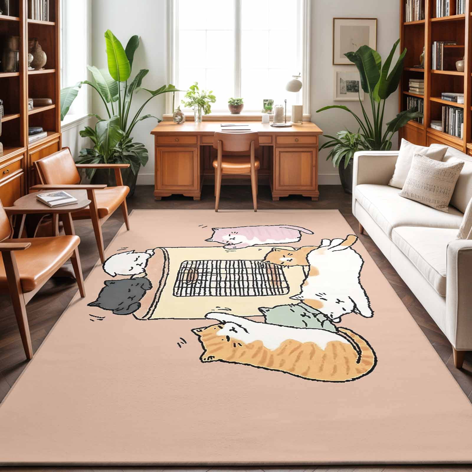Large Area Rugs 6'x9', Pink Brown Cute Cat Carpet Runner Indoor Outdoor Rugs Home Decor Aesthetic, Cartoon Funny Heater Cats Non Slip Mats Washable Accent Rug for Living Room Bedroom