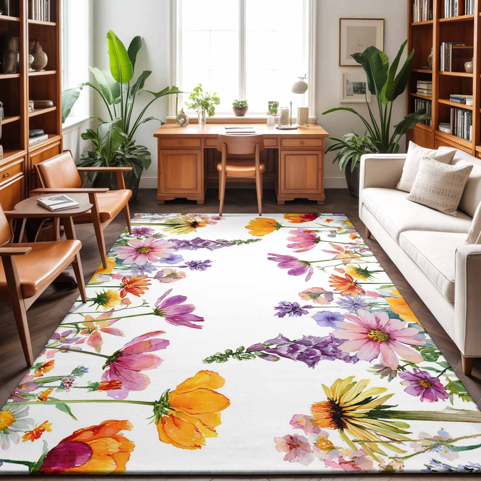 Large Area Rugs 6'x9', Pink Flowers Carpet Runner Indoor Outdoor Rugs Home Decor Aesthetic, Elegant Spring Floral Pastoral Watercolor Non Slip Mats Washable Accent Rug for Living Room Bedroom