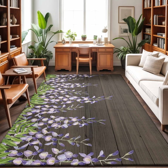 Large Area Rugs 6'x9', Purple Flowers Carpet Runner Indoor Outdoor Rugs Home Decor Aesthetic, Weeping Spring Floral Wooden Pastoral Non Slip Mats Washable Accent Rug for Living Room Bedroom