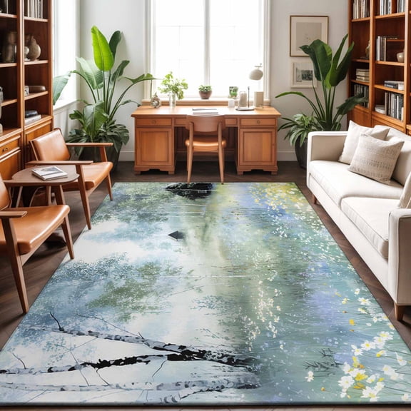 Large Area Rugs 6'x9', Spring Grey Green Carpet Runner Indoor Outdoor Rugs Home Decor Aesthetic, Country Oil Painting Cabin Flowers Trees Non Slip Mats Washable Accent Rug for Living Room Bedroom