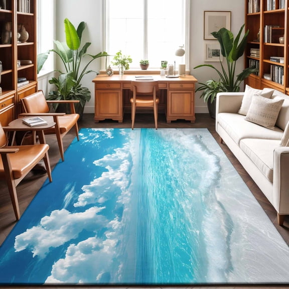 Large Area Rugs 6'x9', Summer Ocean Carpet Runner Indoor Outdoor Rugs Home Decor Aesthetic, Coastal Blue Sky Sea Waves Natural Scenery Non Slip Mats Washable Accent Rug for Living Room Bedroom