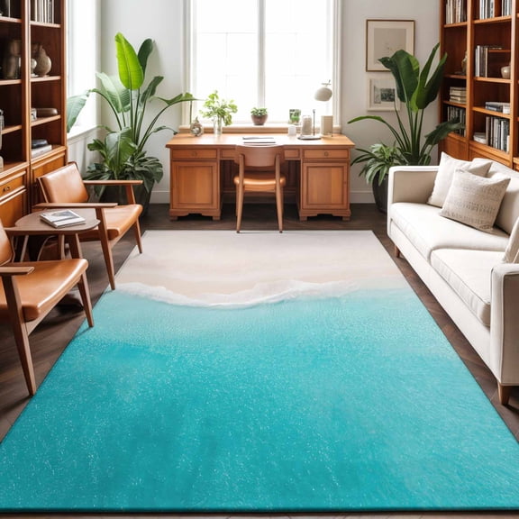 Large Area Rugs 6'x9', Teal Beige Ombre Coastal Carpet Runner Indoor Outdoor Rugs Home Decor Aesthetic, Summer Beach Seaside Vacation Non Slip Mats Washable Accent Rug for Living Room Bedroom