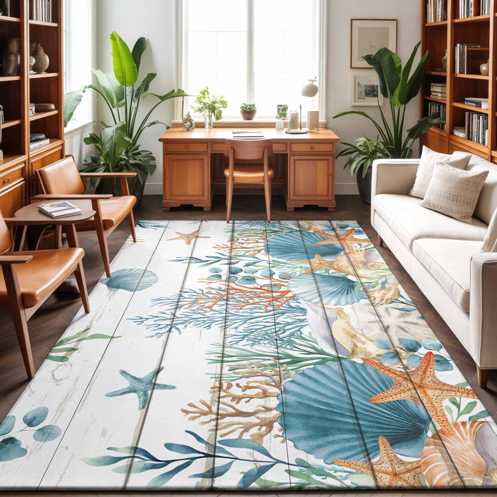 Large Area Rugs 6'x9', Teal Blue Coastal Carpet Runner Indoor Outdoor Rugs Home Decor Aesthetic, Summer Beach Starfish Shell Coral Nautical Vintage Non Slip Mats Accent Rug for Living Room Bedroom