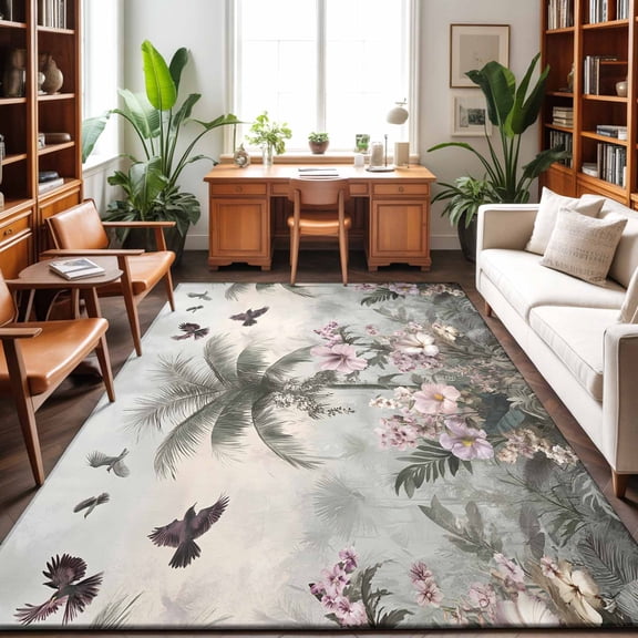 Large Area Rugs 6'x9', Vintage Botanical Carpet Runner Indoor Outdoor Rugs Home Decor Aesthetic, Retro Palm Tree Spring Floral Non Slip Mats Washable Accent Rug for Living Room Bedroom
