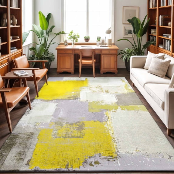 Large Area Rugs 6'x9', Yellow Carpet Runner Indoor Outdoor Rugs Home Decor Aesthetic, Modern Geometric Grey Oil Painting Abstract Non Slip Mats Washable Accent Rug for Living Room Bedroom