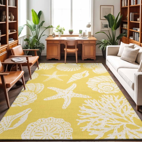 Large Area Rugs 6'x9', Yellow Starfish Coastal Carpet Runner Indoor Outdoor Rugs Home Decor Aesthetic, Shell Coral Summer Beach Nautical Ocean Non Slip Mats Accent Rug for Living Room Bedroom