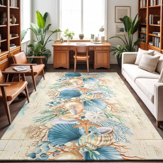 Large Area Rugs 8'x10', Beach Coastal Beige Carpet Runner Indoor Outdoor Rugs Home Decor Aesthetic, Nautical Shell Starfish Coral Summer Non Slip Mats Washable Accent Rug for Living Room Bedroom