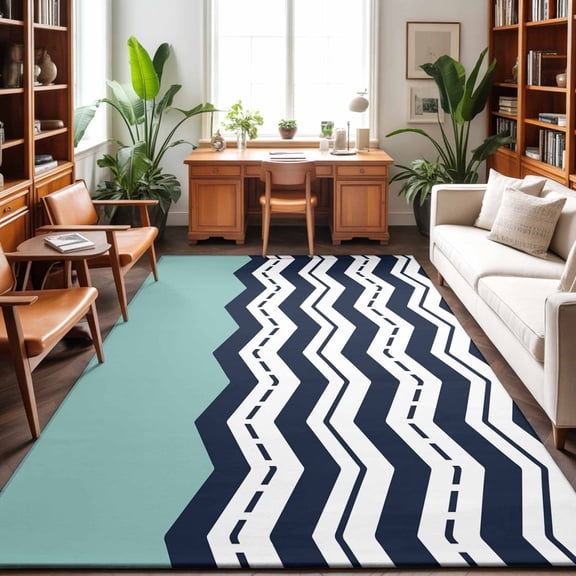 Large Area Rugs 8'x10', Black Chevron Carpet Runner Indoor Outdoor Rugs Home Decor Aesthetic, Geometric Turquoise Wavy Striped White Non Slip Mats Washable Accent Rug for Living Room Bedroom