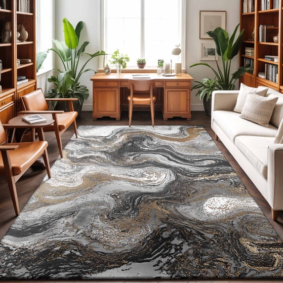 Large Area Rugs 8'x10', Black Marble Carpet Runner Indoor Outdoor Rugs Home Decor Aesthetic, Retro Chic Abstract Mottled Texture Art Non Slip Mats Washable Accent Rug for Living Room Bedroom