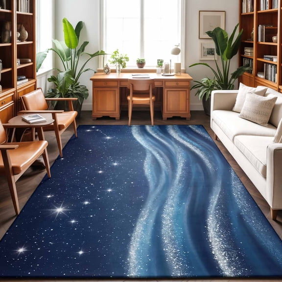 Large Area Rugs 8'x10', Blue Stars Carpet Runner Indoor Outdoor Rugs Home Decor Aesthetic, Fantasy Blue Waves Cosmos Sky Non Slip Mats Washable Accent Rug for Living Room Bedroom