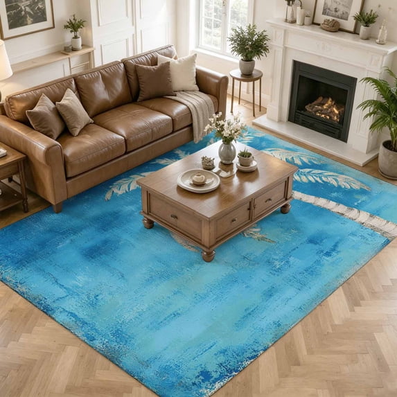 Large Area Rugs 8'x10', Coastal Beach Tree Blue Carpet Runner Indoor Outdoor Rugs Home Decor Aesthetic, Vintage Summer Palm Tropical Non Slip Mats Washable Accent Rug for Living Room Bedroom